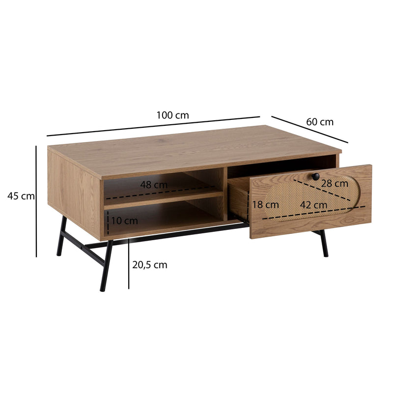 Couchtisch 100x60x45cm Eiche-Dekor Rattan Stauraum Schublade Metallbeine