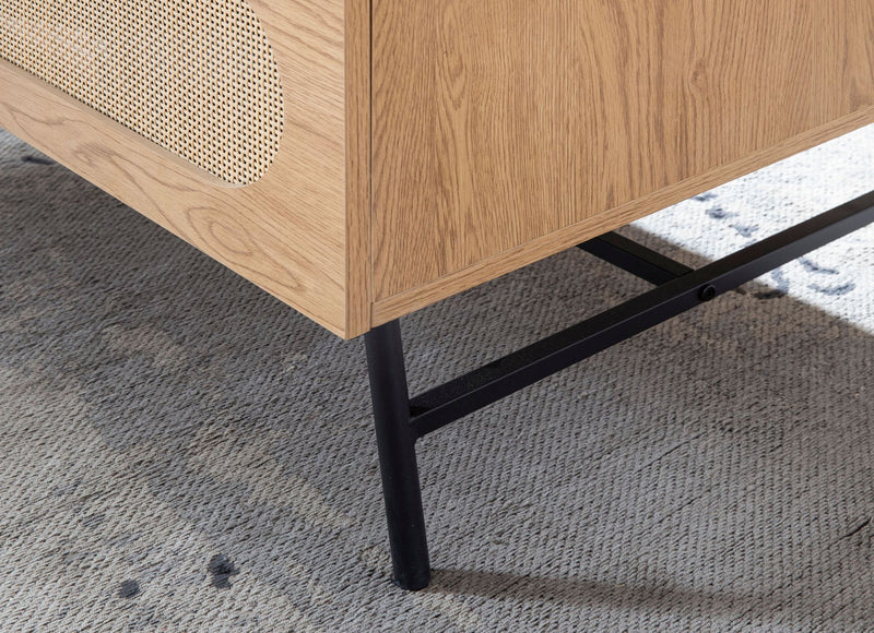 Couchtisch 100x60x45cm Eiche-Dekor Rattan Stauraum Schublade Metallbeine