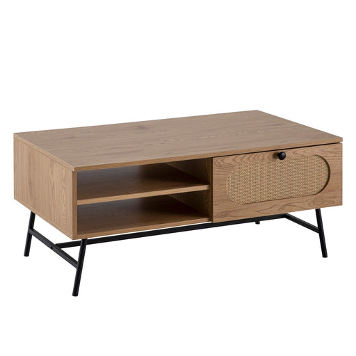 Couchtisch 100x60x45cm in Eiche-Dekor mit offenen Fächern, Schublade und schwarzen Metallbeinen.