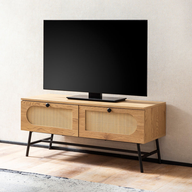Lowboard TV-Kommode 100x45x40cm Eiche-Dekor Rattan Schubladen Wohnzimmer
