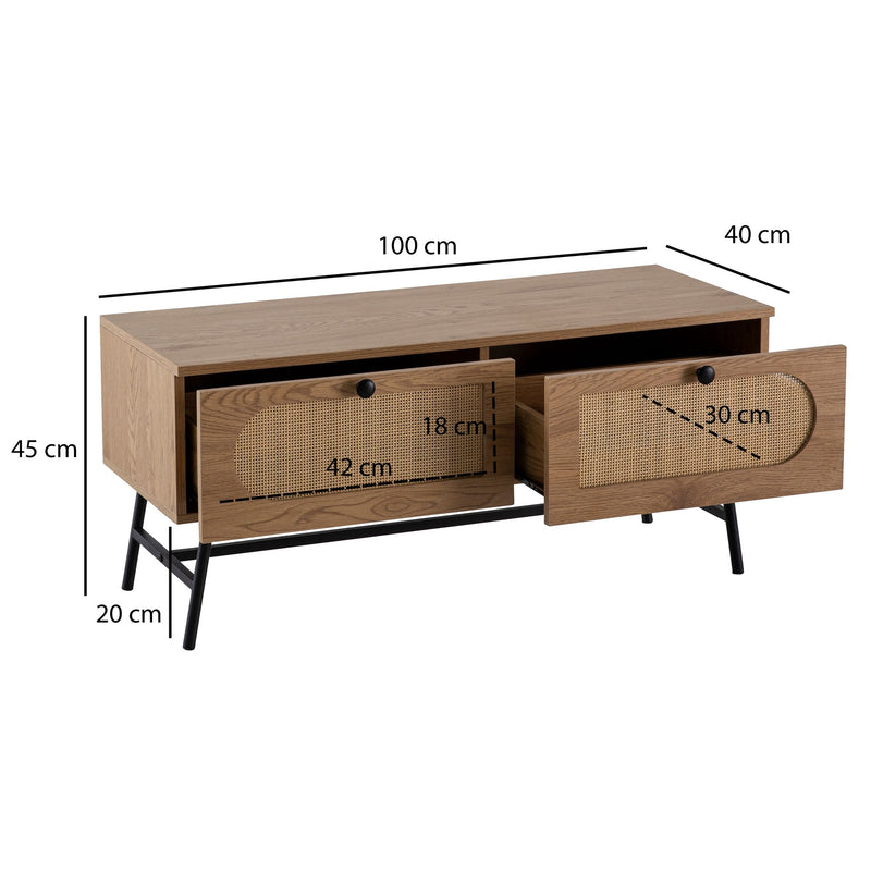 Lowboard TV-Kommode 100x45x40cm Eiche-Dekor Rattan Schubladen Wohnzimmer