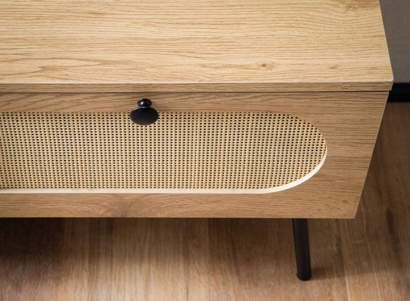 Lowboard TV-Kommode 100x45x40cm Eiche-Dekor Rattan Schubladen Wohnzimmer