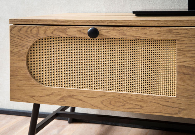 Lowboard TV-Kommode 100x45x40cm Eiche-Dekor Rattan Schubladen Wohnzimmer