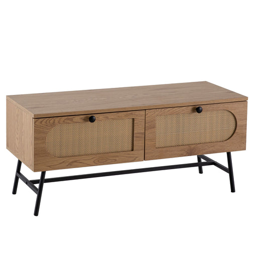 Lowboard TV-Kommode mit zwei Rattan-Schubladen und schwarzem Metallgestell in Eiche-Dekor, Gesamtansicht.