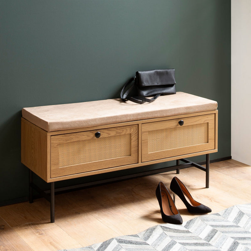Schuhbank Eiche-Dekor 100x48x38cm Rattan Sitz Stauraum Schubladen