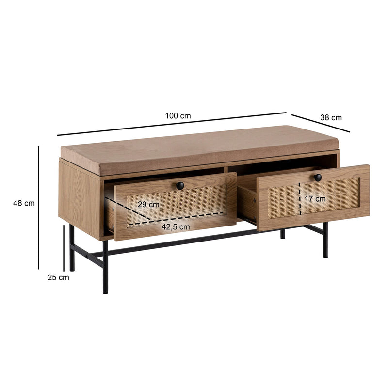 Schuhbank Eiche-Dekor 100x48x38cm Rattan Sitz Stauraum Schubladen