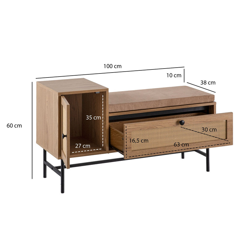 Schuhbank Eiche-Dekor Rattan gepolstert Stauraum Schublade Tür 100x60x38cm