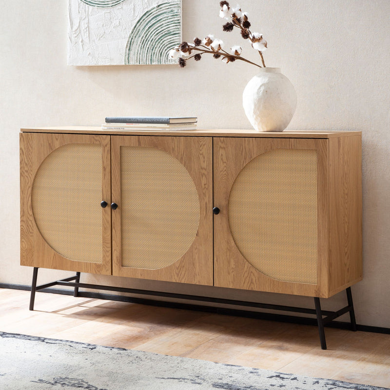 Sideboard 140x80x39cm Eiche-Dekor Rattan Modern 3 Türen Wohnzimmer