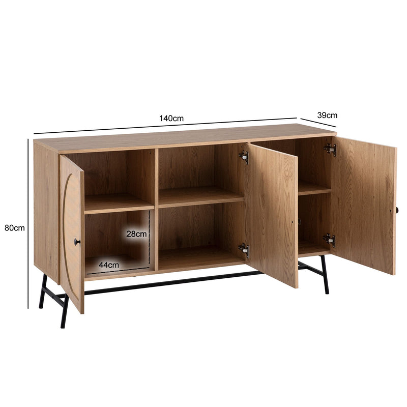 Sideboard 140x80x39cm Eiche-Dekor Rattan Modern 3 Türen Wohnzimmer