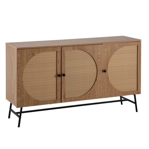 Sideboard 140x80x39cm Eiche-Dekor mit Rattan-Türfronten und schwarzem Metallgestell in Gesamtansicht.