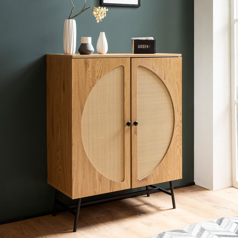 Sideboard Highboard Eiche-Dekor Rattan 80x103x39cm Modern 2 Türen