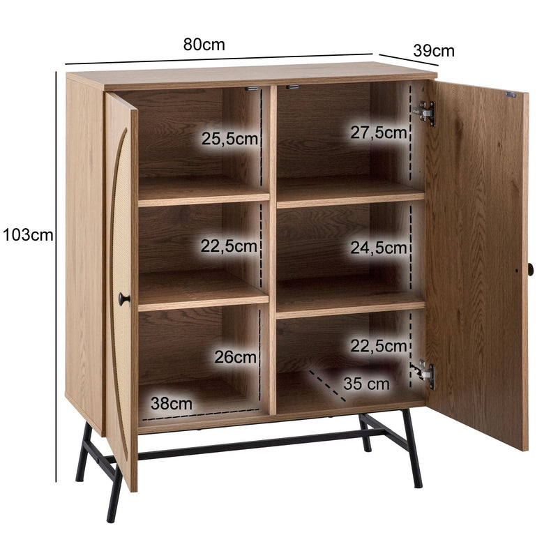 Sideboard Highboard Eiche-Dekor Rattan 80x103x39cm Modern 2 Türen