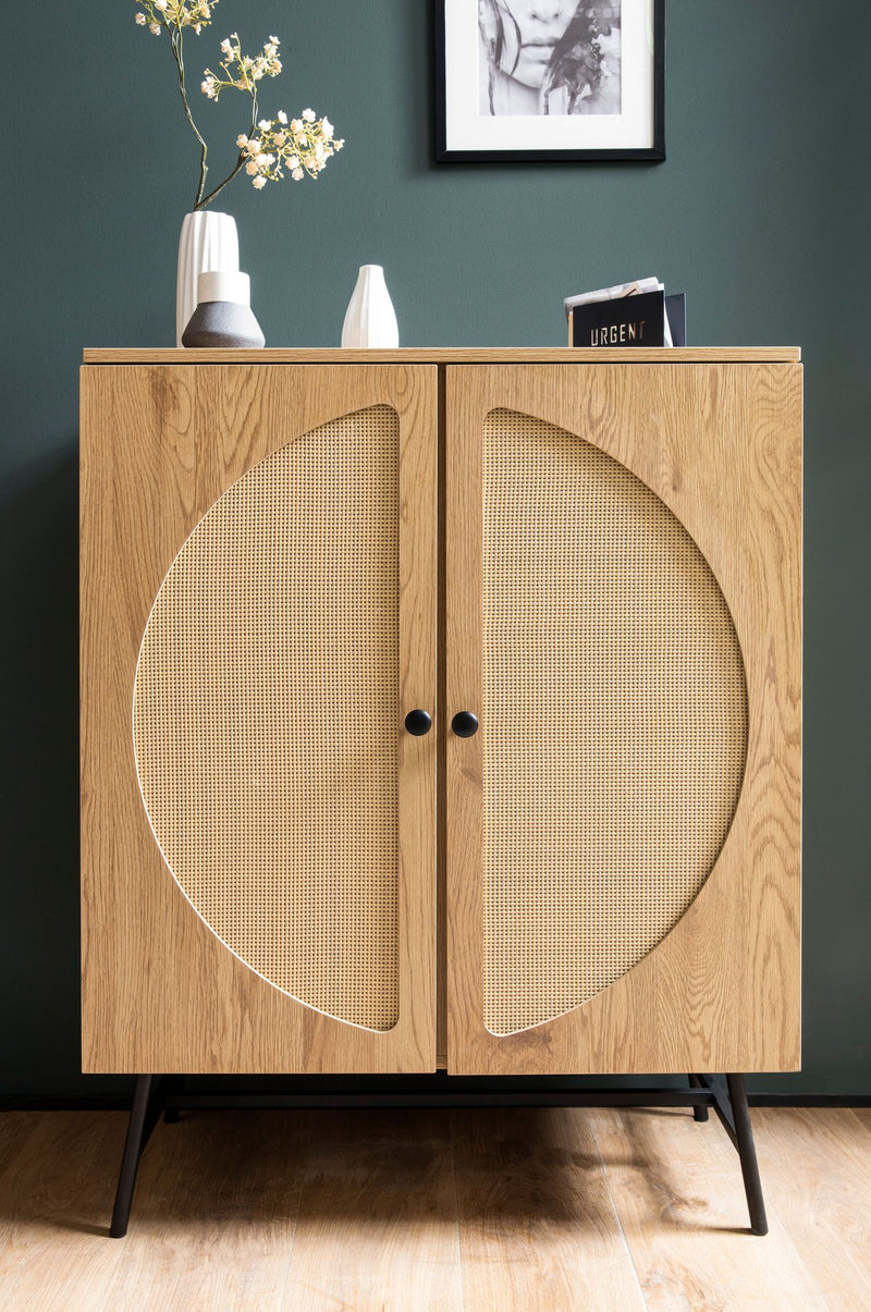 Sideboard Highboard Eiche-Dekor Rattan 80x103x39cm Modern 2 Türen