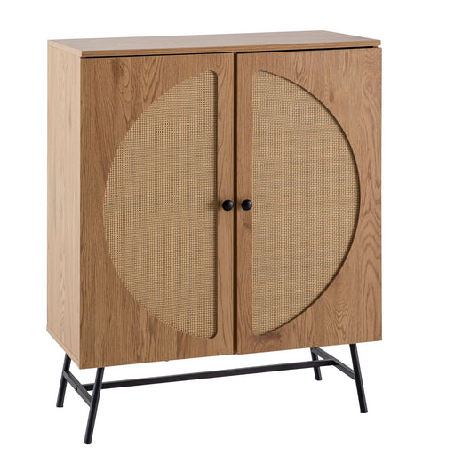 Sideboard Highboard Eiche-Dekor Rattan mit zwei Türen und geschwungenen Rattan-Blenden in Gesamtansicht von vorne.