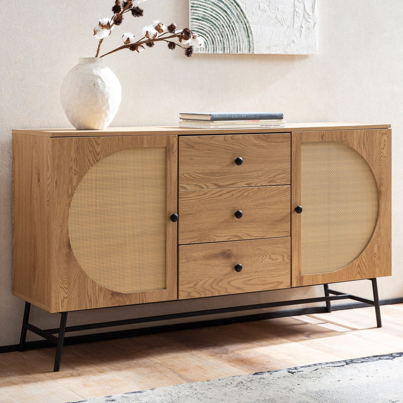 Sideboard 140x80x40cm Eiche-Dekor Rattan Modern 2 Türen 3 Schubladen