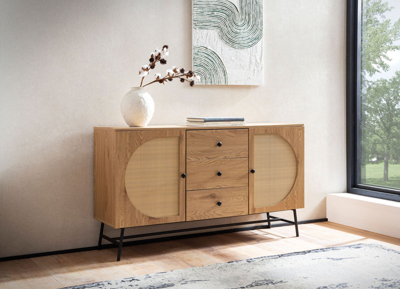 Sideboard 140x80x40cm Eiche-Dekor Rattan Modern 2 Türen 3 Schubladen