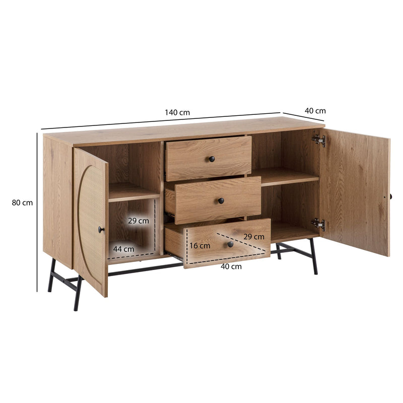 Sideboard 140x80x40cm Eiche-Dekor Rattan Modern 2 Türen 3 Schubladen