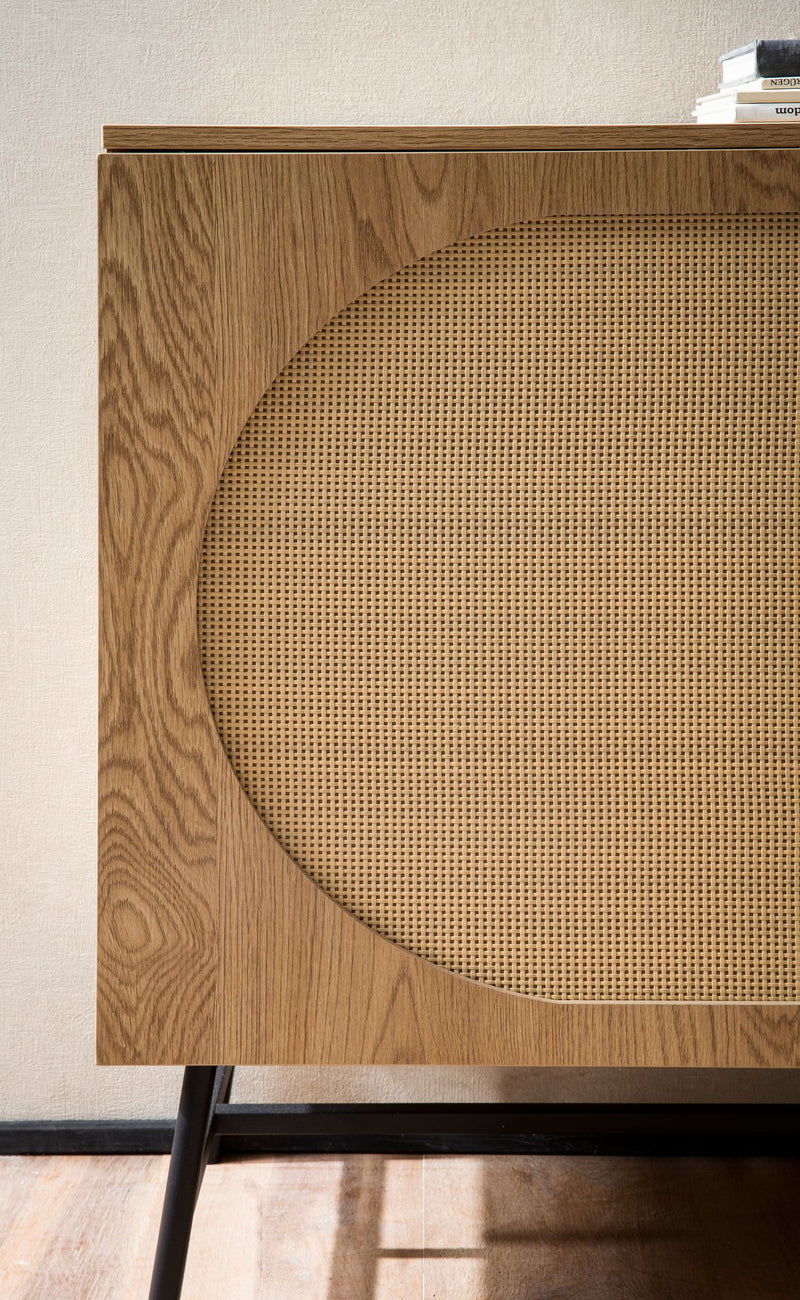 Sideboard 140x80x40cm Eiche-Dekor Rattan Modern 2 Türen 3 Schubladen