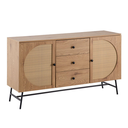Sideboard 140x80x40cm Eiche-Dekor mit zwei Rattantüren, drei Schubladen und schwarzen Metallbeinen in Gesamtansicht.