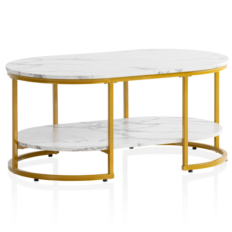 Couchtisch 100x60x45cm Marmoroptik Weiß Metallgestell Gold Ablage Modern