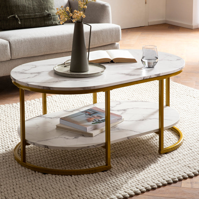 Couchtisch 100x60x45cm Marmoroptik Weiß Metallgestell Gold Ablage Modern