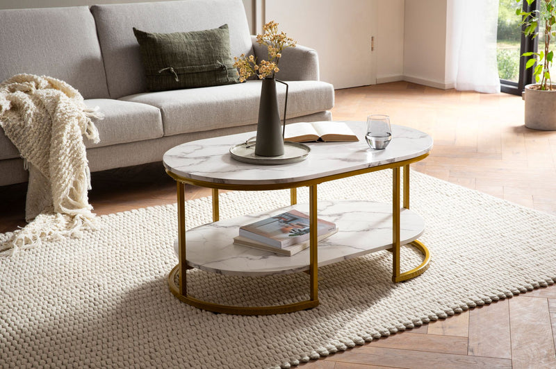 Couchtisch 100x60x45cm Marmoroptik Weiß Metallgestell Gold Ablage Modern