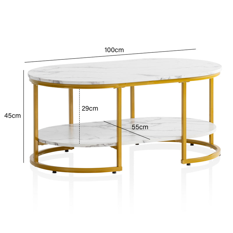 Couchtisch 100x60x45cm Marmoroptik Weiß Metallgestell Gold Ablage Modern