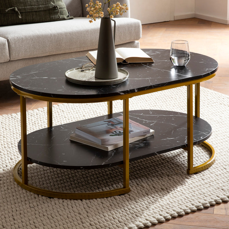 Couchtisch 100x60x45cm Marmoroptik Schwarz Gold Metallgestell Modern