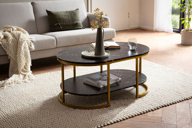 Couchtisch 100x60x45cm Marmoroptik Schwarz Gold Metallgestell Modern