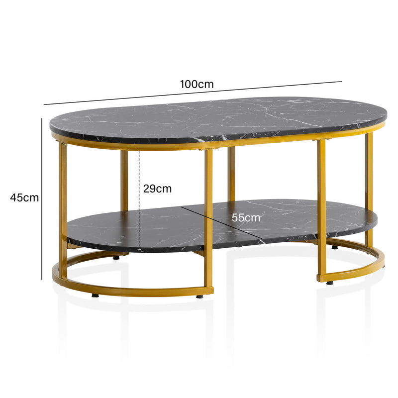 Couchtisch 100x60x45cm Marmoroptik Schwarz Gold Metallgestell Modern