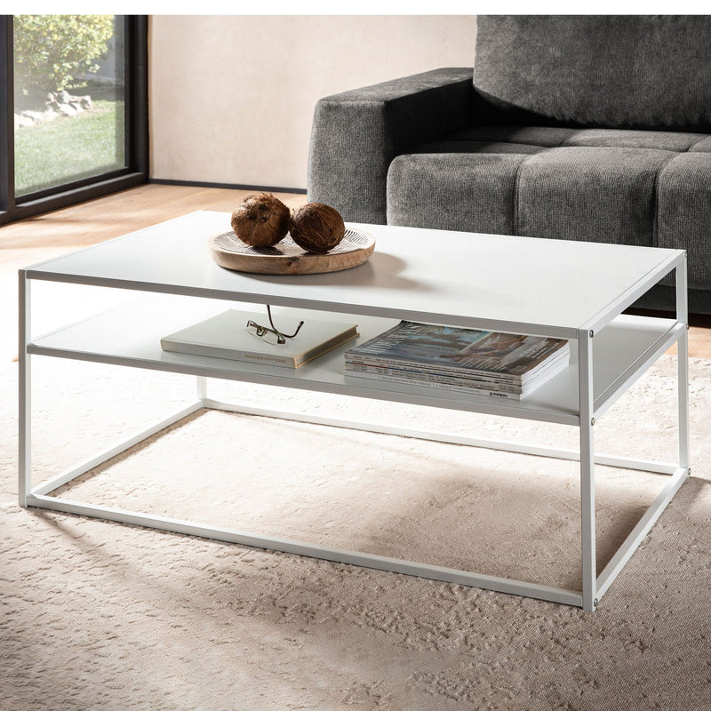 Couchtisch 100x60x45cm Metall Weiß Industrial mit Stauraum Ablagefach