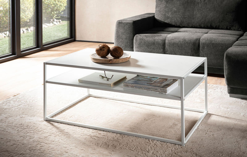 Couchtisch 100x60x45cm Metall Weiß Industrial mit Stauraum Ablagefach