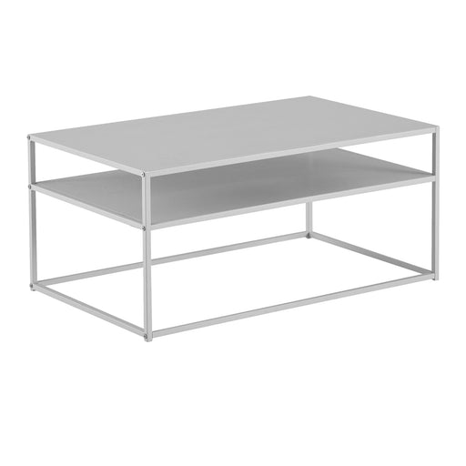 Couchtisch 100x60x45cm mit weißem Metallgestell und zwei grauen Ablageflächen in Gesamtansicht.
