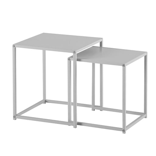 Beistelltisch 2er Set Metall Weiß Industrial Sofatisch Quadratisch in Gesamtansicht mit verschachtelten Tischen aus Metall.