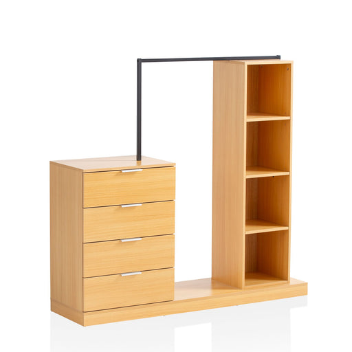 Garderobe Eiche-Dekor mit Schubladenkommode, offenem Regal und schwarzer Kleiderstange in Gesamtansicht.