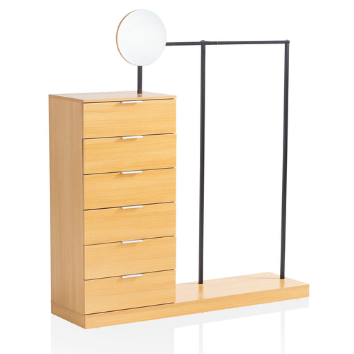 Garderobe Eiche-Dekor mit sechsschubladiger Kommode, rundem Spiegel und schwarzem Metallständer, Gesamtansicht.