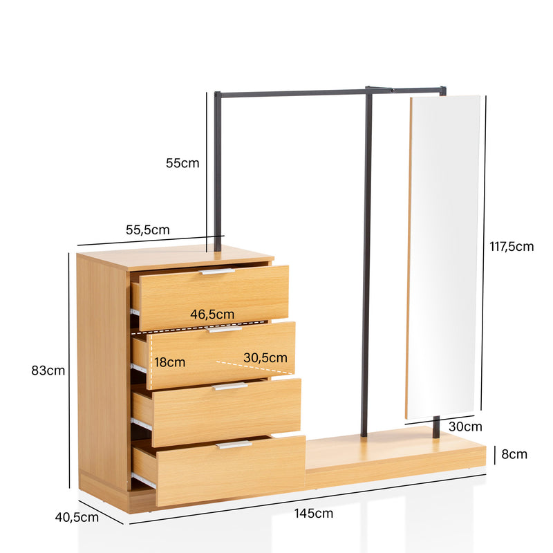Garderobe Eiche-Dekor 145x138x40,5cm Flur Modern mit Spiegel & Kommode