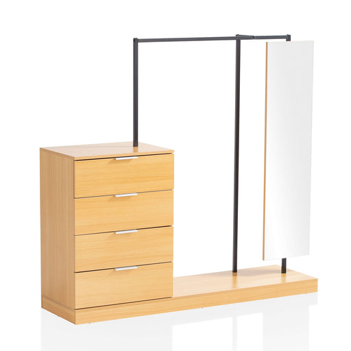 Garderobe Eiche-Dekor mit vier Schubladen, integriertem Spiegel und schwarzem Metallgestell in Gesamtansicht.