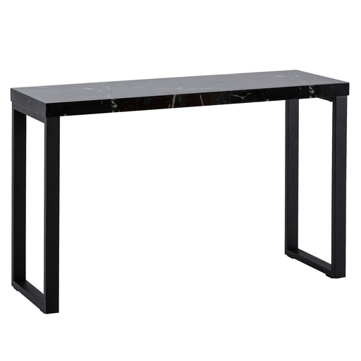 Konsolentisch Marmor-Optik Schwarz Hochglanz mit schwarzen Metallbeinen in Gesamtansicht von vorne.