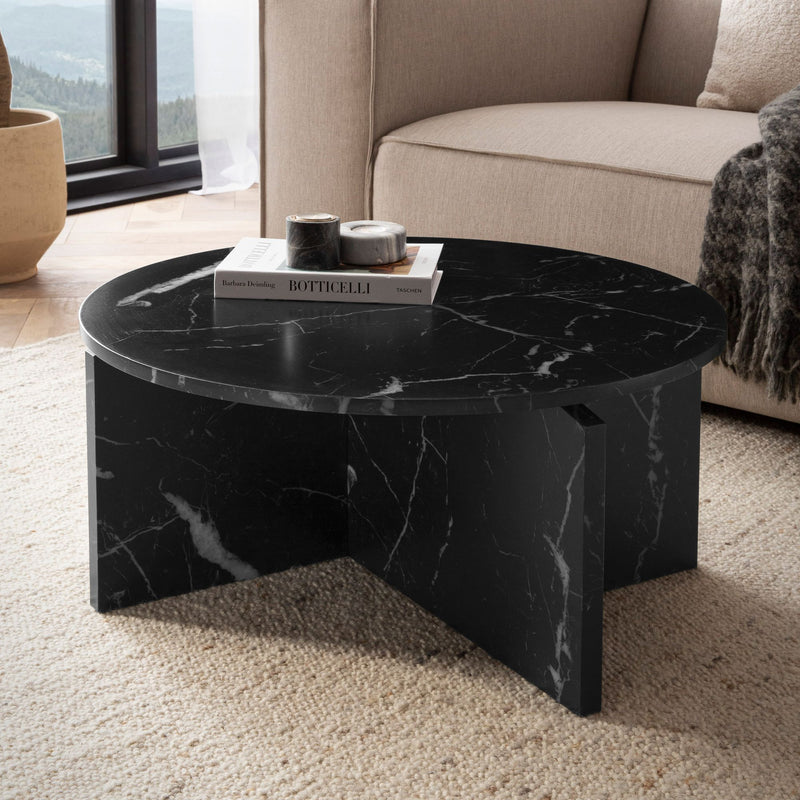Couchtisch 70x70x33cm Schwarz Marmor-Optik Modern Rund