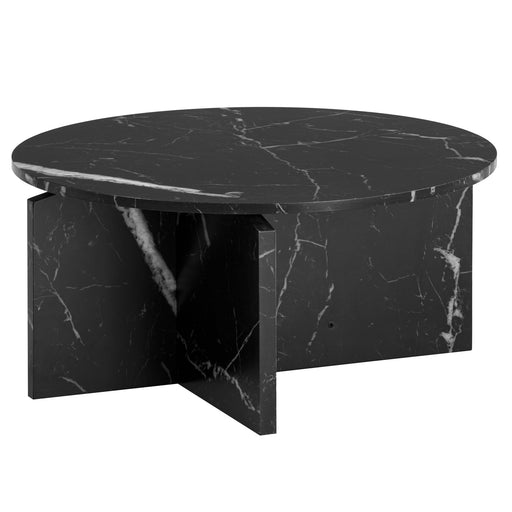 Runder Couchtisch 70x70x33cm mit schwarzer Marmor-Optik und gekreuztem Sockelgestell in Gesamtansicht.