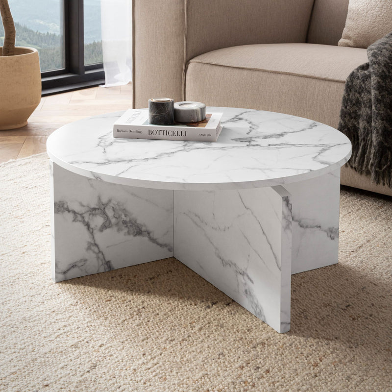 Couchtisch 70x70x33cm Weiß Marmor-Optik Modern Rund Wohnzimmer