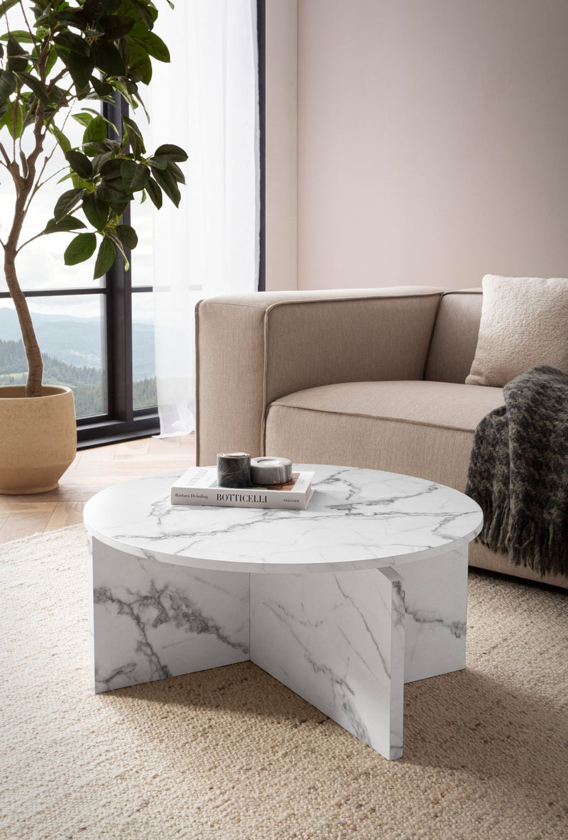 Couchtisch 70x70x33cm Weiß Marmor-Optik Modern Rund Wohnzimmer