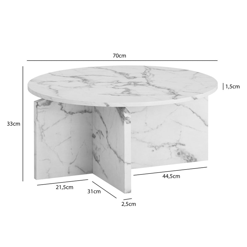 Couchtisch 70x70x33cm Weiß Marmor-Optik Modern Rund Wohnzimmer
