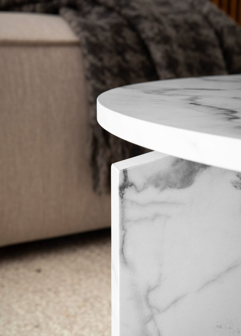 Couchtisch 70x70x33cm Weiß Marmor-Optik Modern Rund Wohnzimmer