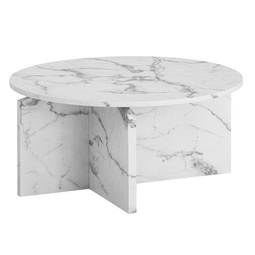 Runder Couchtisch 70x70x33cm mit weißer Marmoroptik und gekreuztem Sockelfuß in Gesamtansicht.