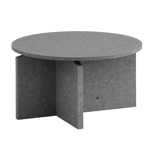 Runder Couchtisch 60x60x33cm Beton-Optik Grau mit gekreuzter Sockelbasis in Gesamtansicht.