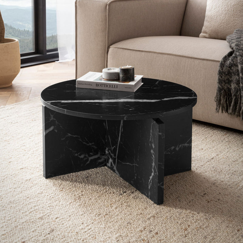 Couchtisch 60x60x33cm Schwarz Marmor-Optik Modern Rund