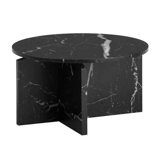 Runder Couchtisch mit schwarzer Marmor-Optik und geometrischem Sockel, Gesamtansicht.