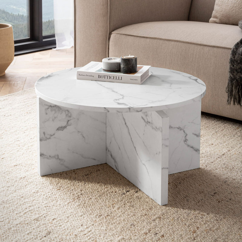Couchtisch 60x60x33cm Weiß Marmor-Optik Modern Rund Loungetisch